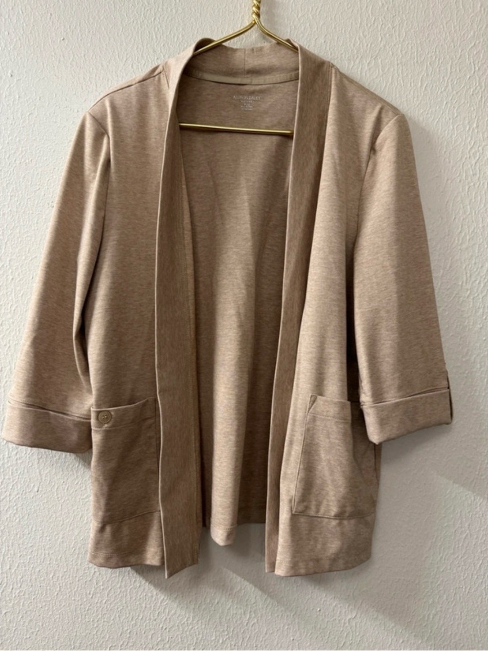 Allison Daley Light Taupe 3/4 Sleeve Open-Front Cardigan Petite Large